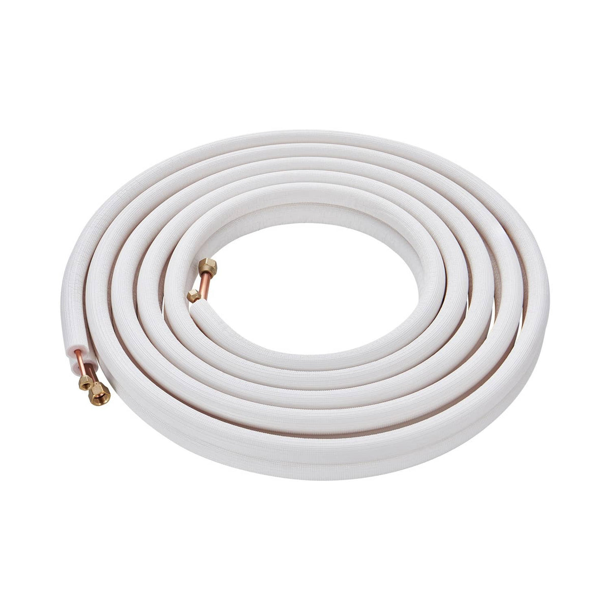 Coiled insulated mini split line set with copper-tipped tubing ends