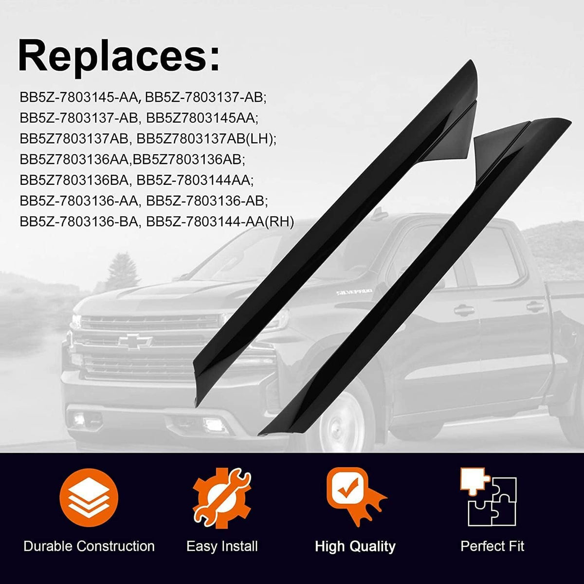 Windshield pillar trim molding pair with red accent strip, black plastic