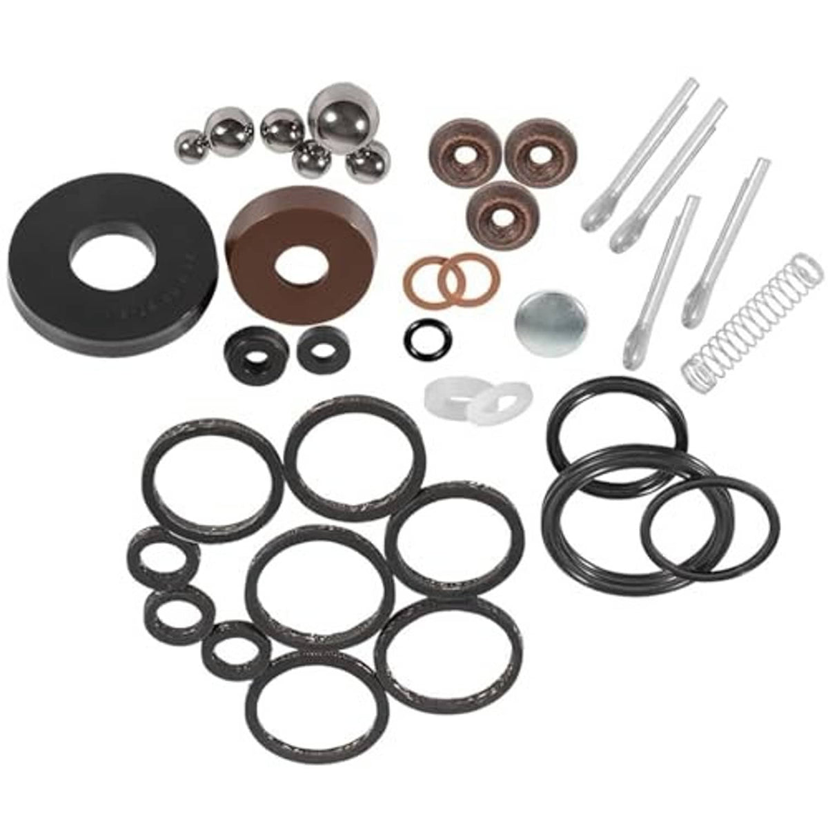 Floor jack seal replacement kit with rubber seals, O-rings, springs, and steel pins