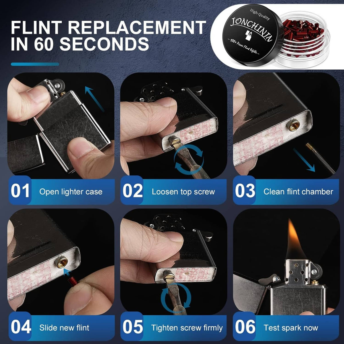 Lighter flint replacement steps: open case, insert flint, test