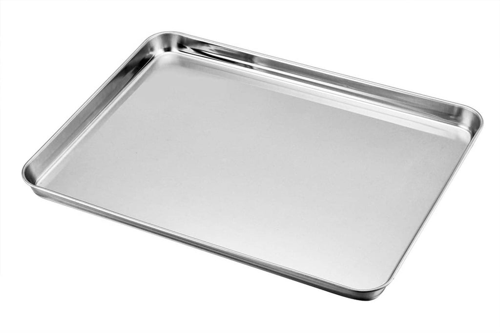 Stainless steel rectangular baking tray with raised rim