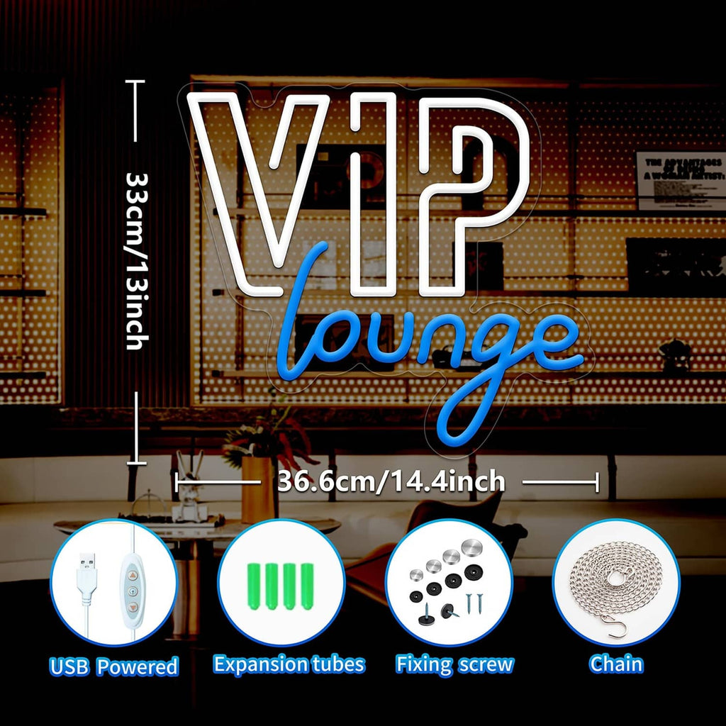 Neon wall sign "VIP lounge" with white block letters and blue cursive tubing