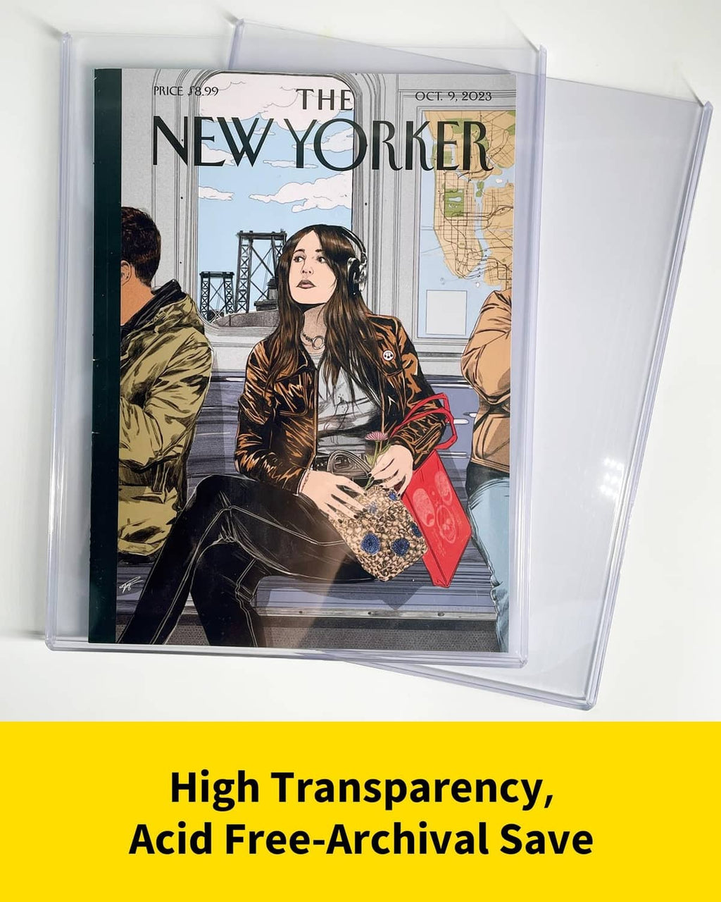 Clear blue-tint magazine top loader holding a magazine cover in a rigid sleeve