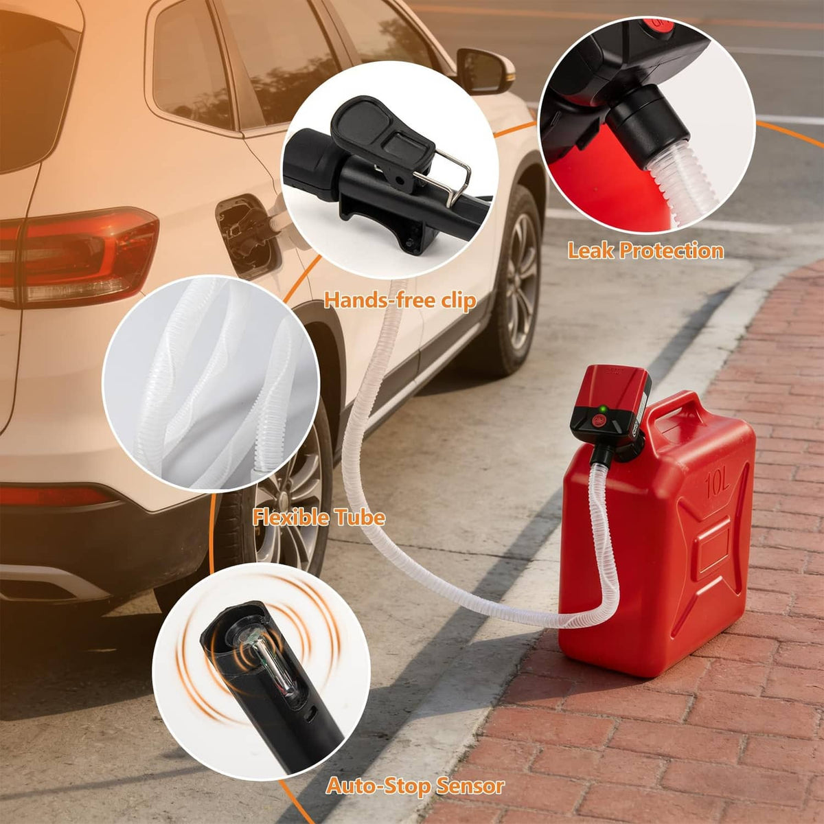 Red fuel can adapter with hands-free clip, flexible tube, and leak-protection nozzle