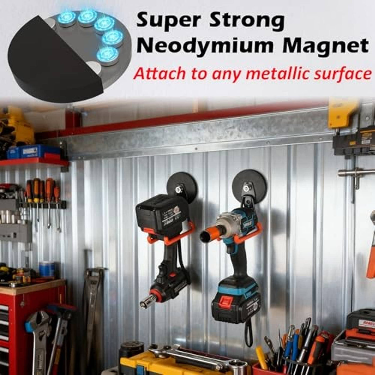 Black magnetic hook mounts with orange arms holding power tools on a metal surface