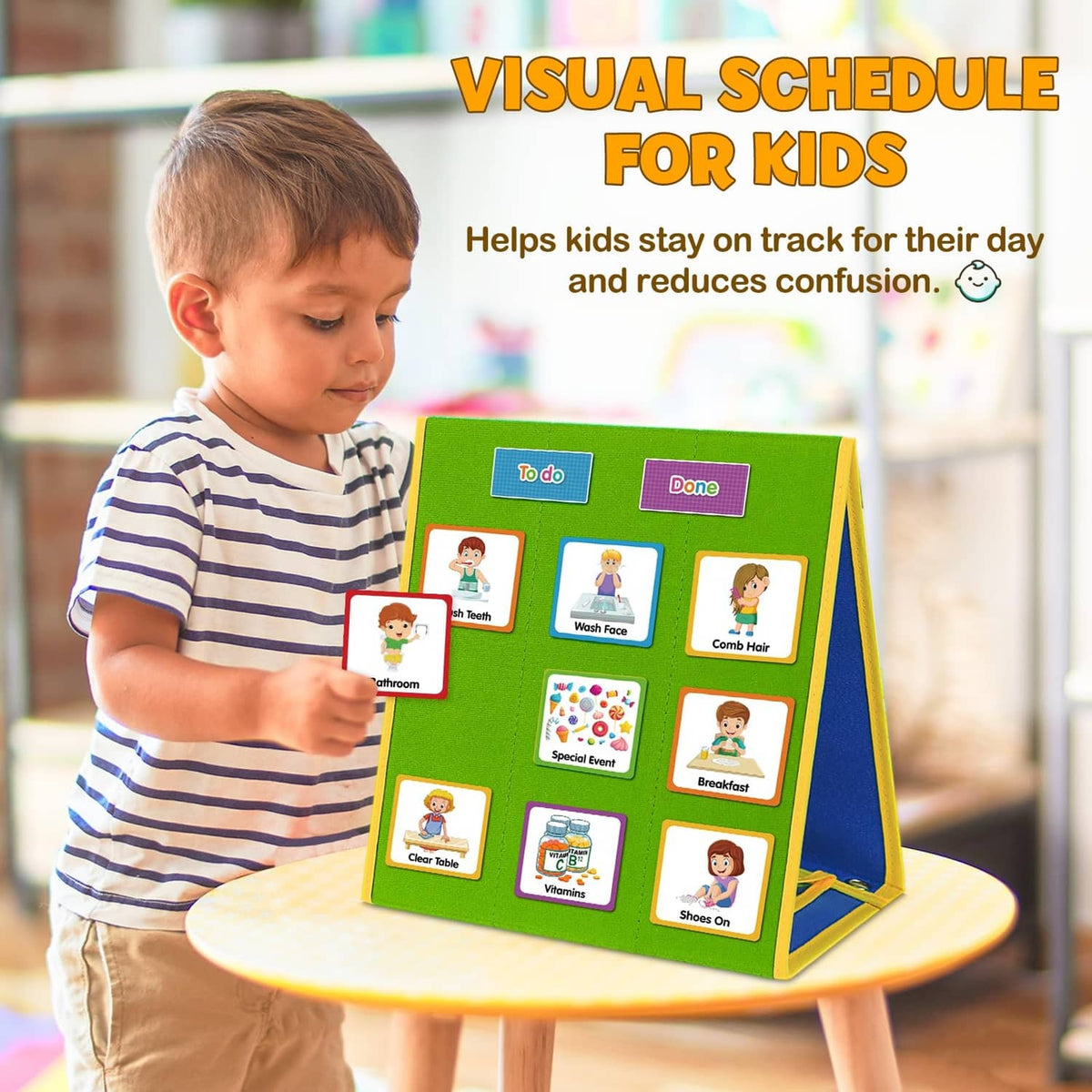 Kids chore visual schedule board in green with picture cards, shown in front view