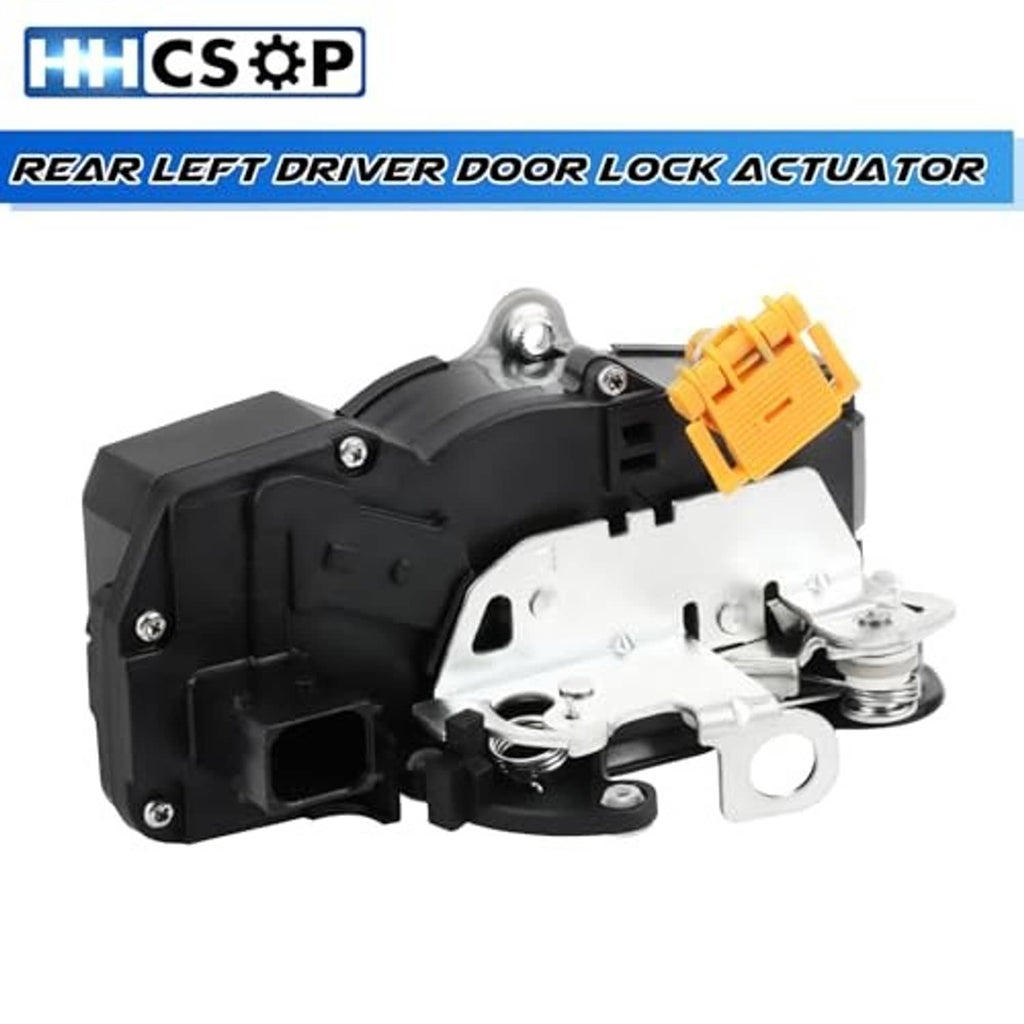 Rear left driver door lock actuator with black housing, silver latch, and orange plug