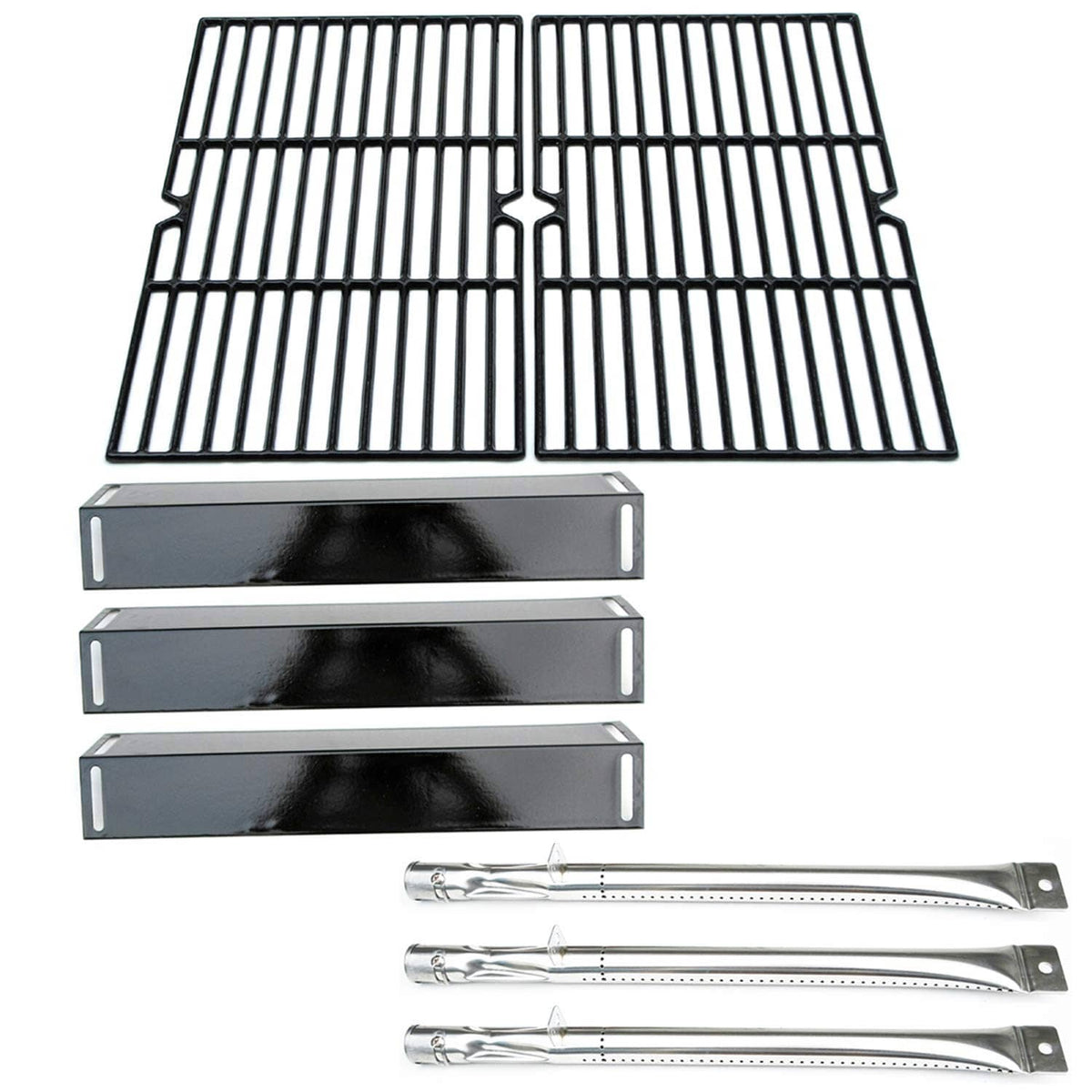 BBQ grill cooking grates with black heat plates and metal bars, replacement kit