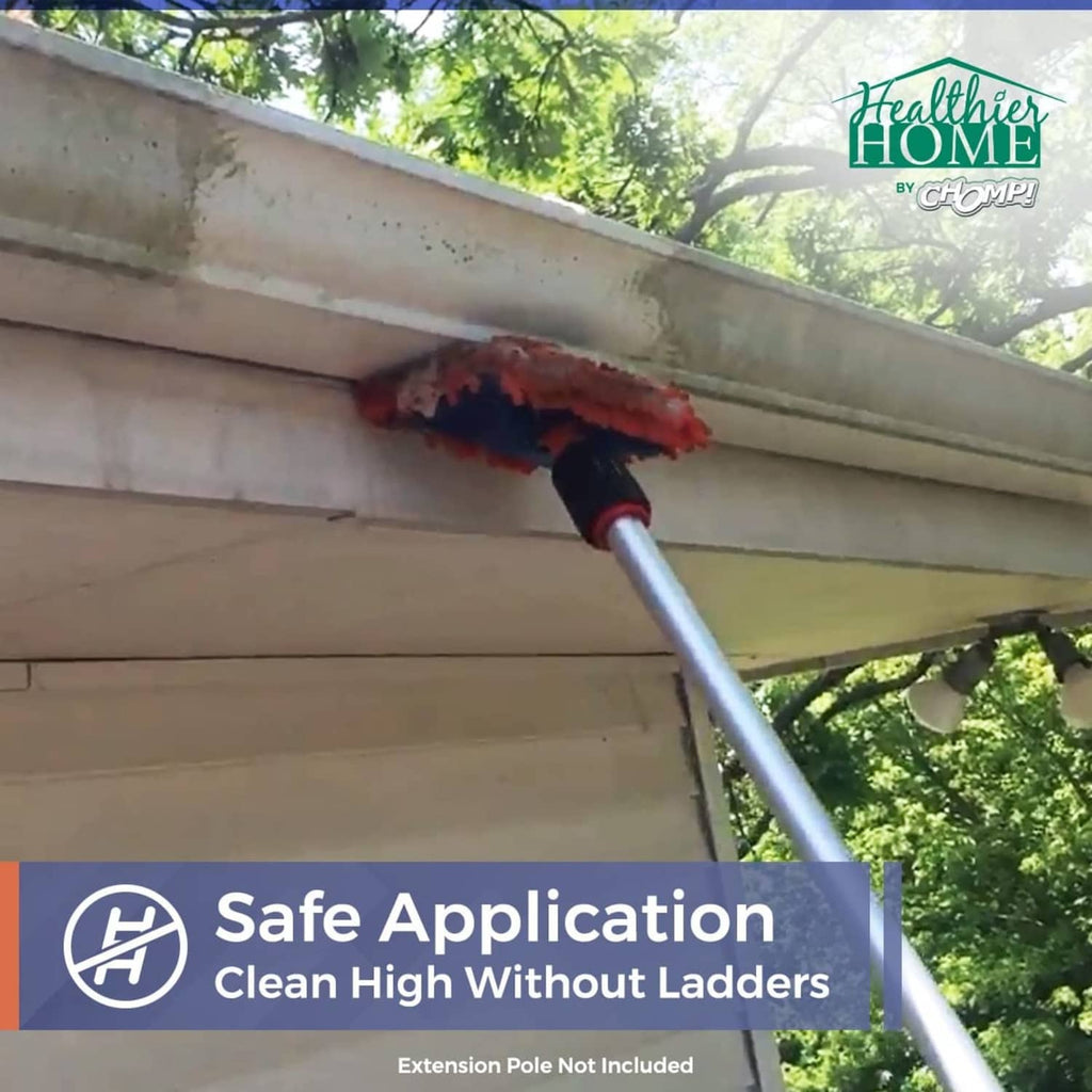 Gutter cleaner scrub pad on an extension pole for washing fascia and gutters