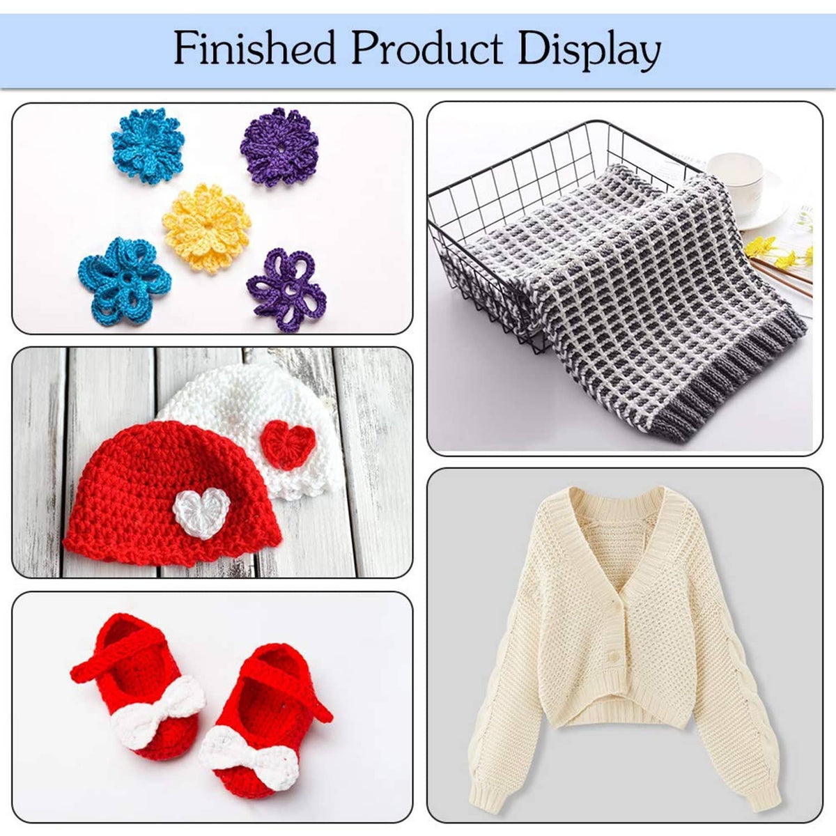 Finished crochet and knitting items shown in display card