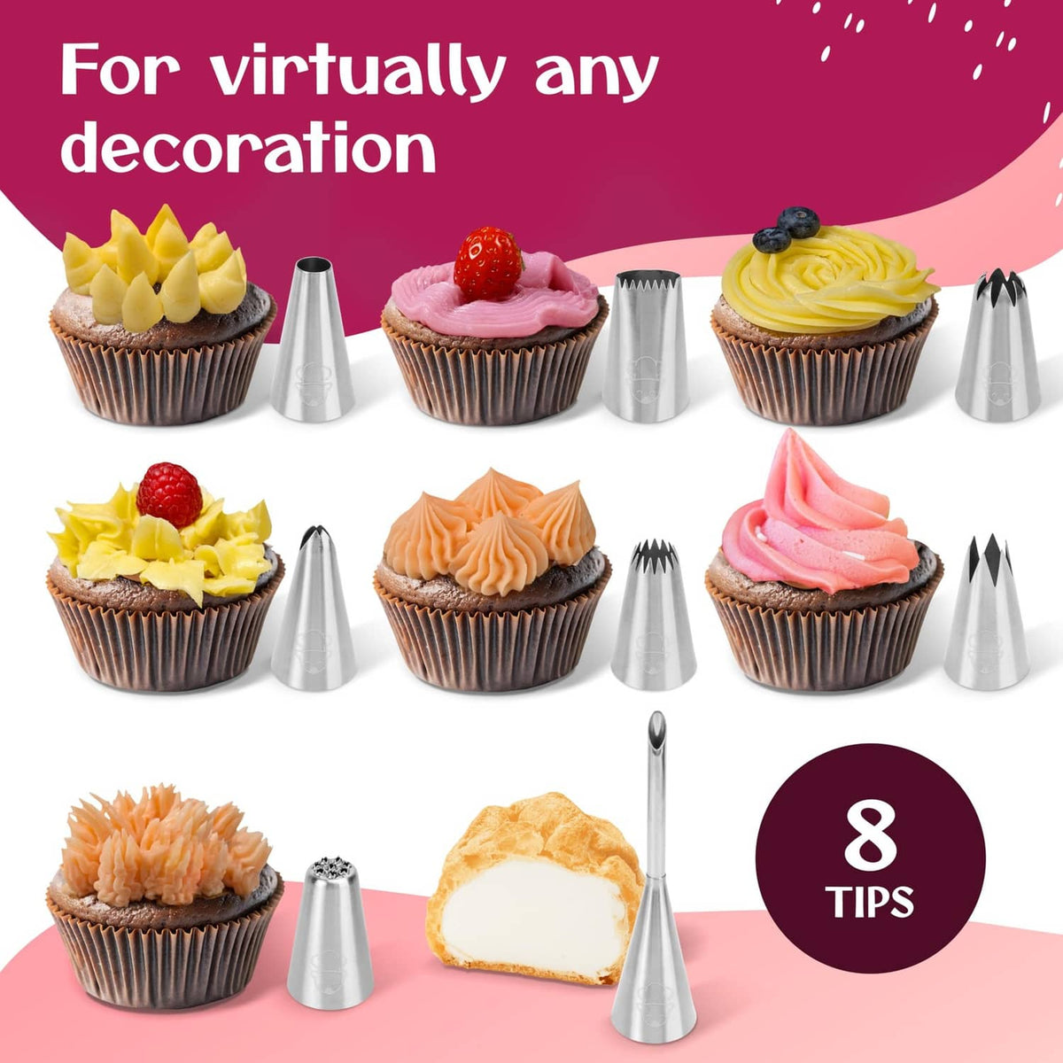 Stainless-steel piping tips with white reusable piping bag for cupcake decorating