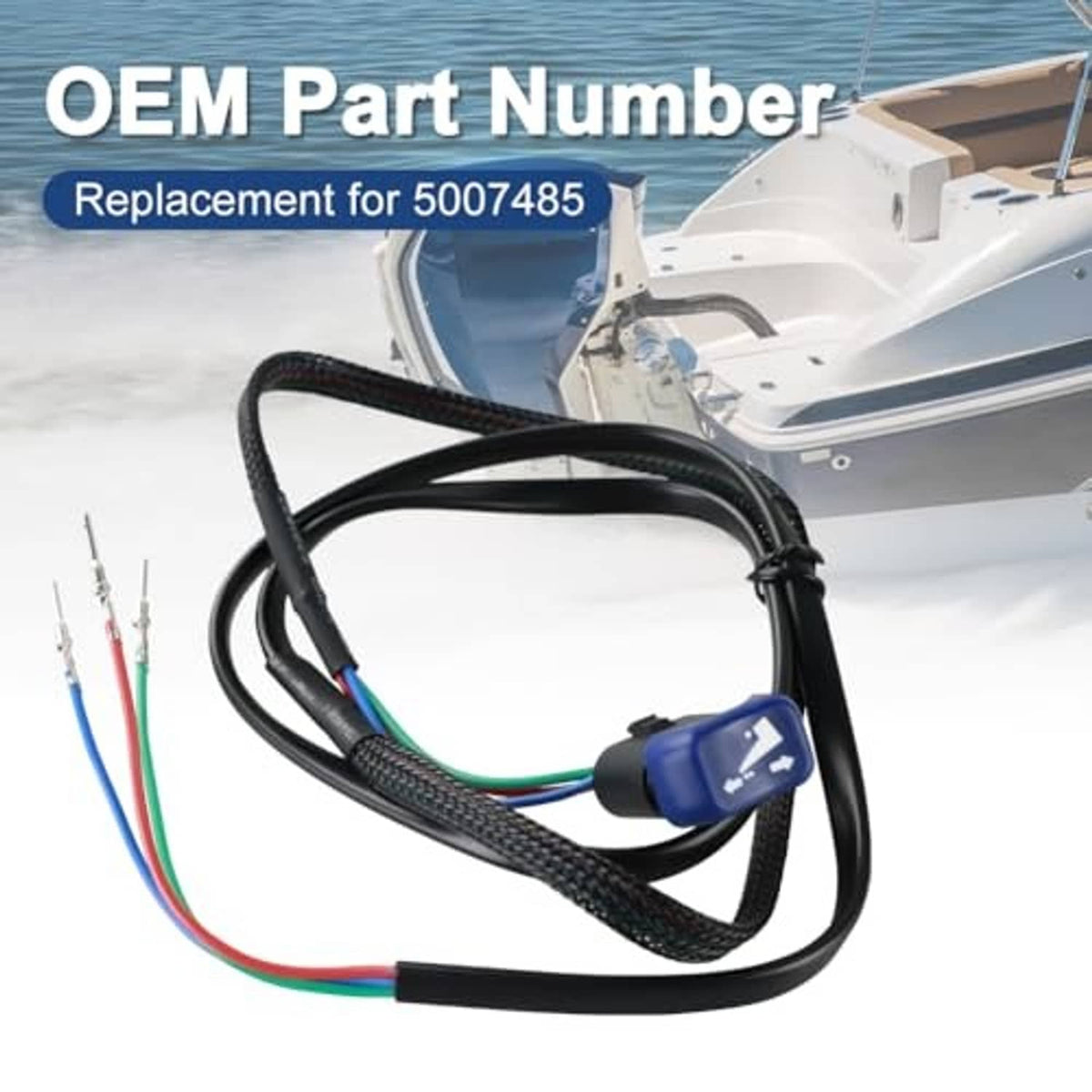 Outboard trim tilt switch harness: black braid, blue connector, and crimped metal terminals