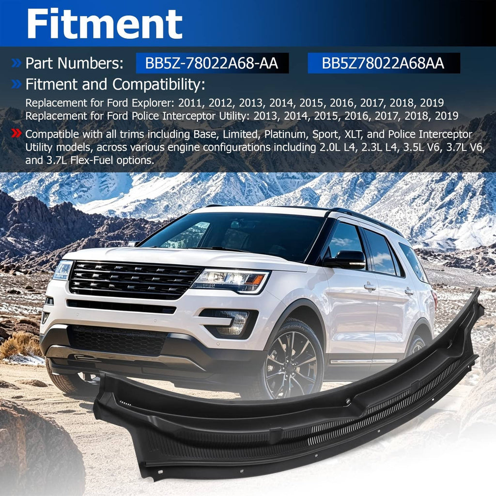 Black wiper cowl grille panel installed at base of windshield on SUV