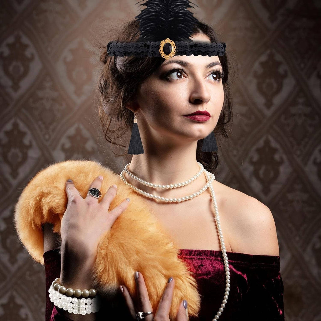 Flapper headband with feather, layered pearl necklace, black lace gloves