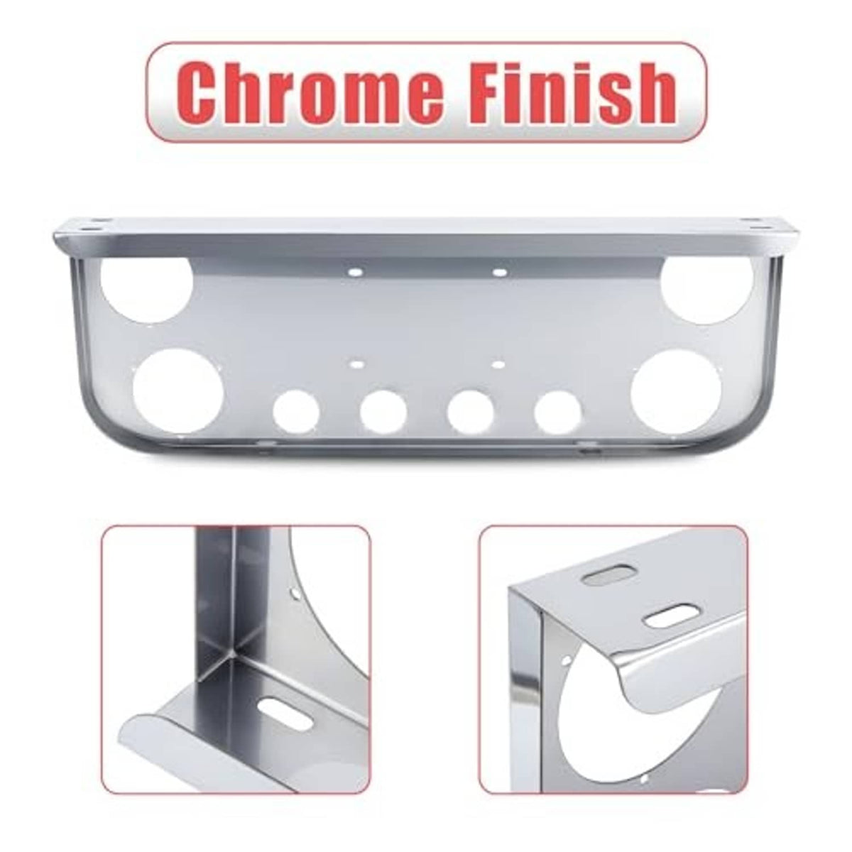 Chrome-finish stainless steel tail light panel with round light cutouts and mounting holes