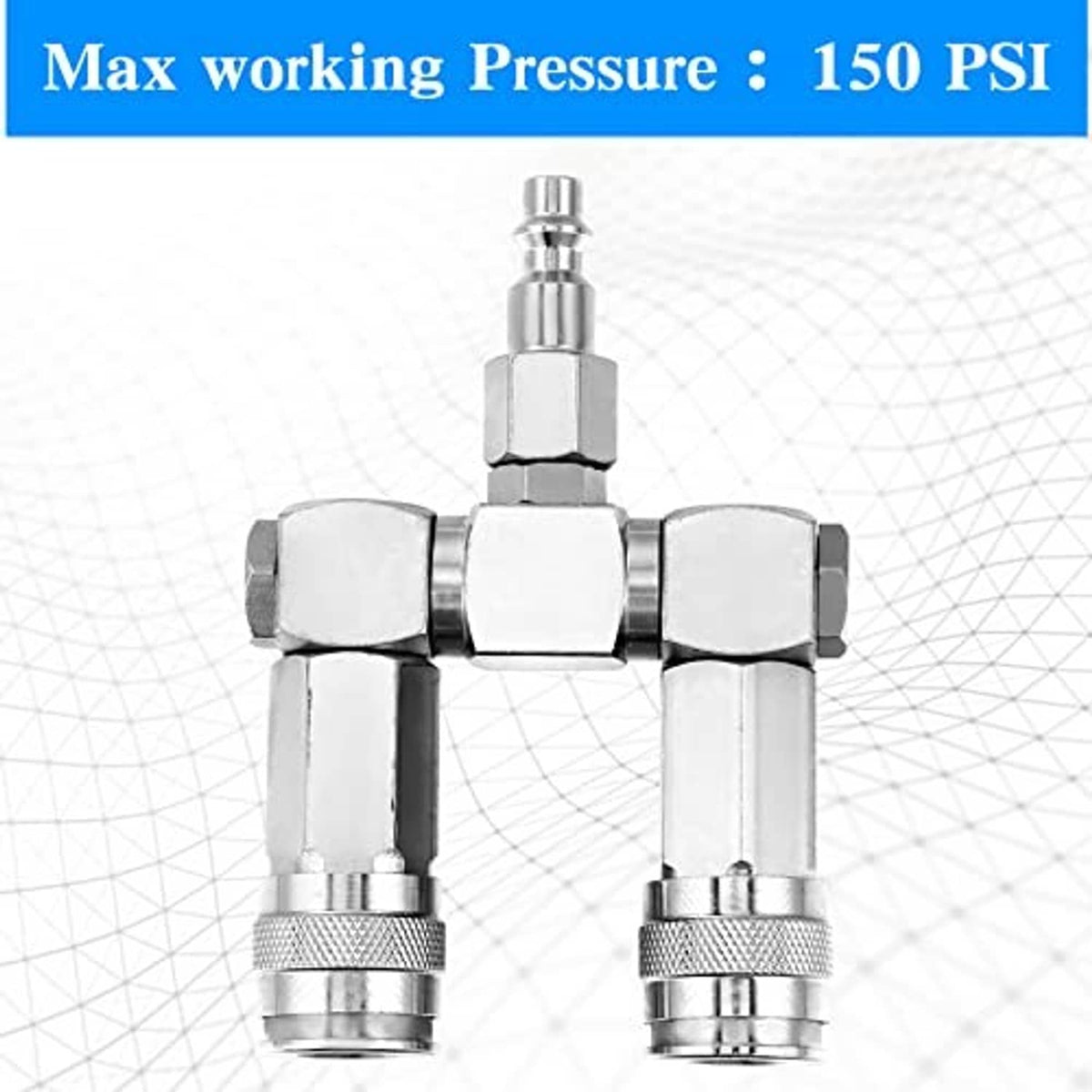 2-way air hose splitter fitting with two metal threaded ends, 1/4 in NPT