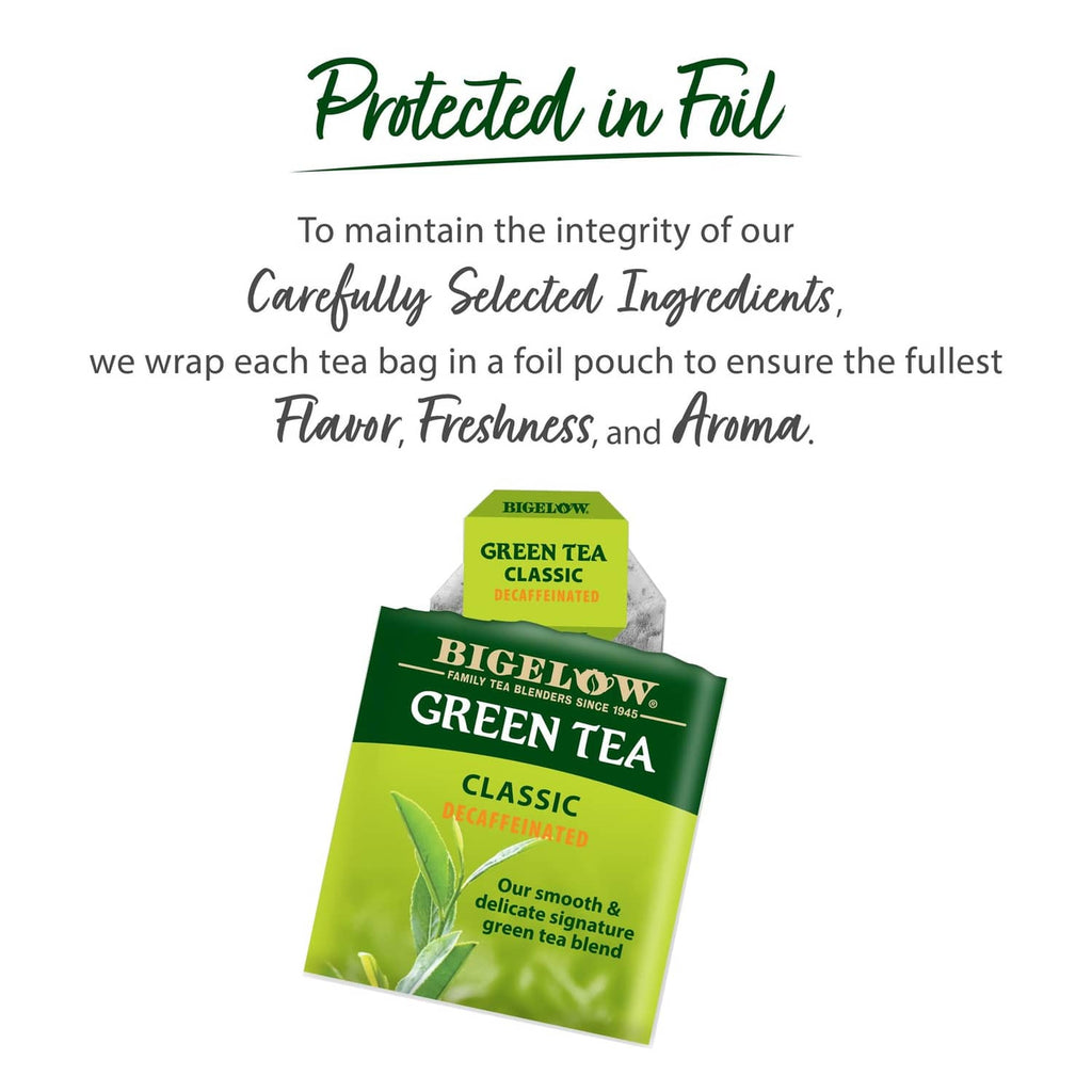 Decaf green tea foil pouch pack labeled for flavor and freshness