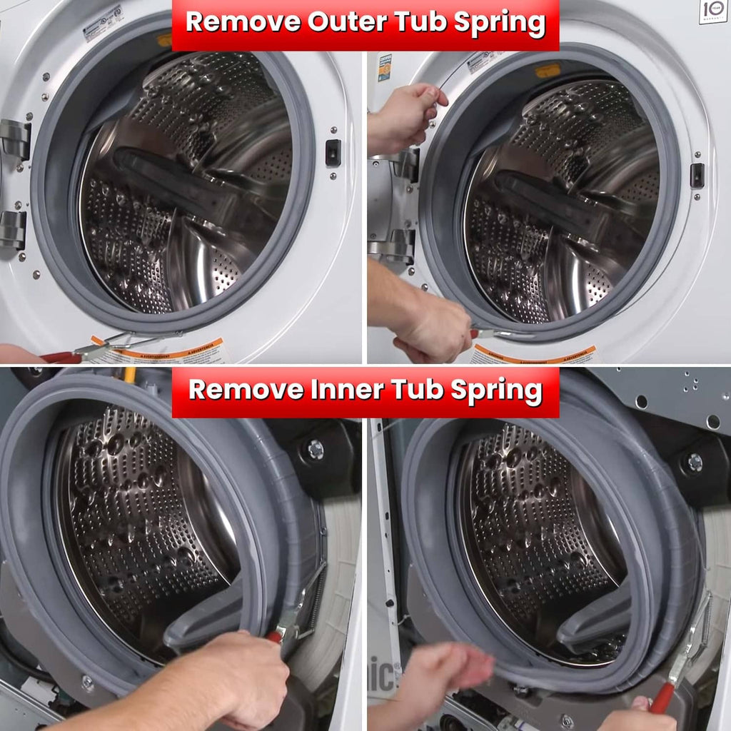 Washing machine spring expansion tool inserting into tub spring area, red handles