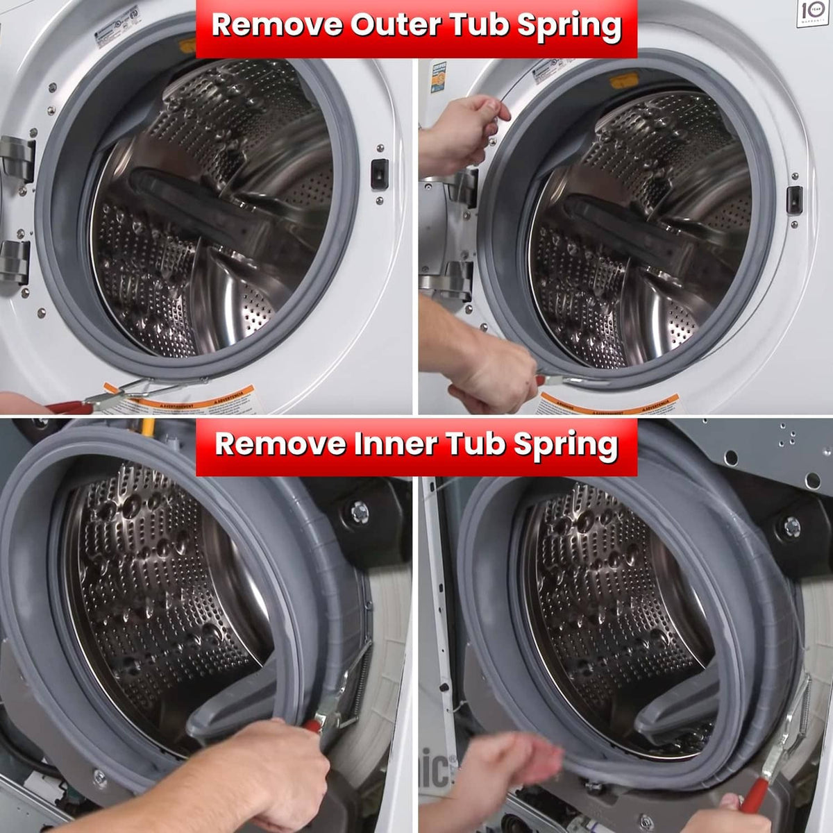 Washing machine spring expansion tool inserting into tub spring area, red handles
