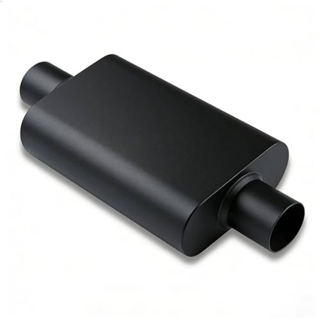 Black exhaust muffler, smooth body with two tapered pipe openings, side view.