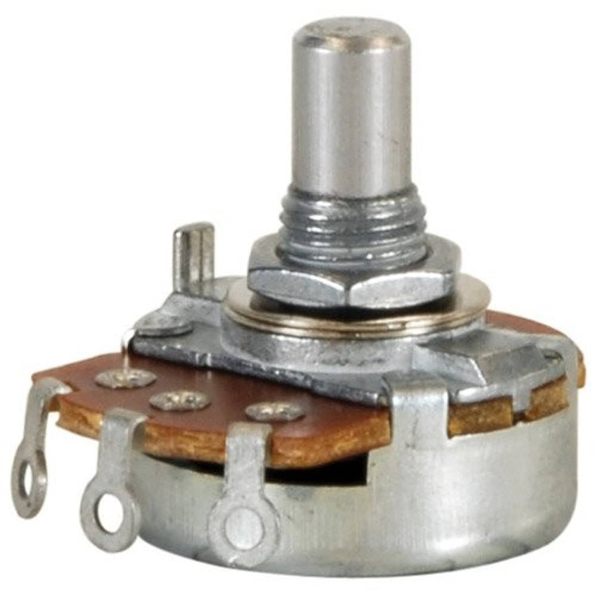 10K audio taper potentiometer, metal casing with threaded shaft and side solder lugs