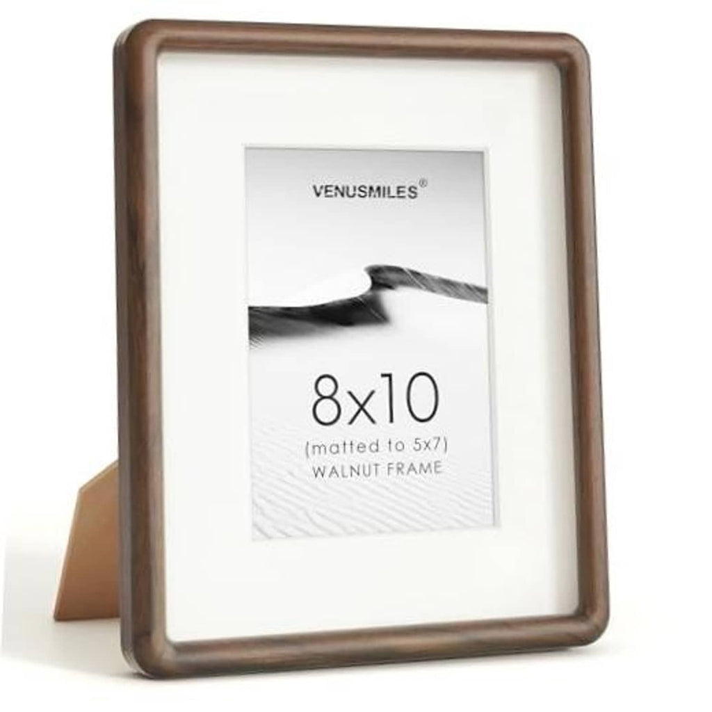 Rounded 8x10 walnut wood picture frame with clear glass front and white backing