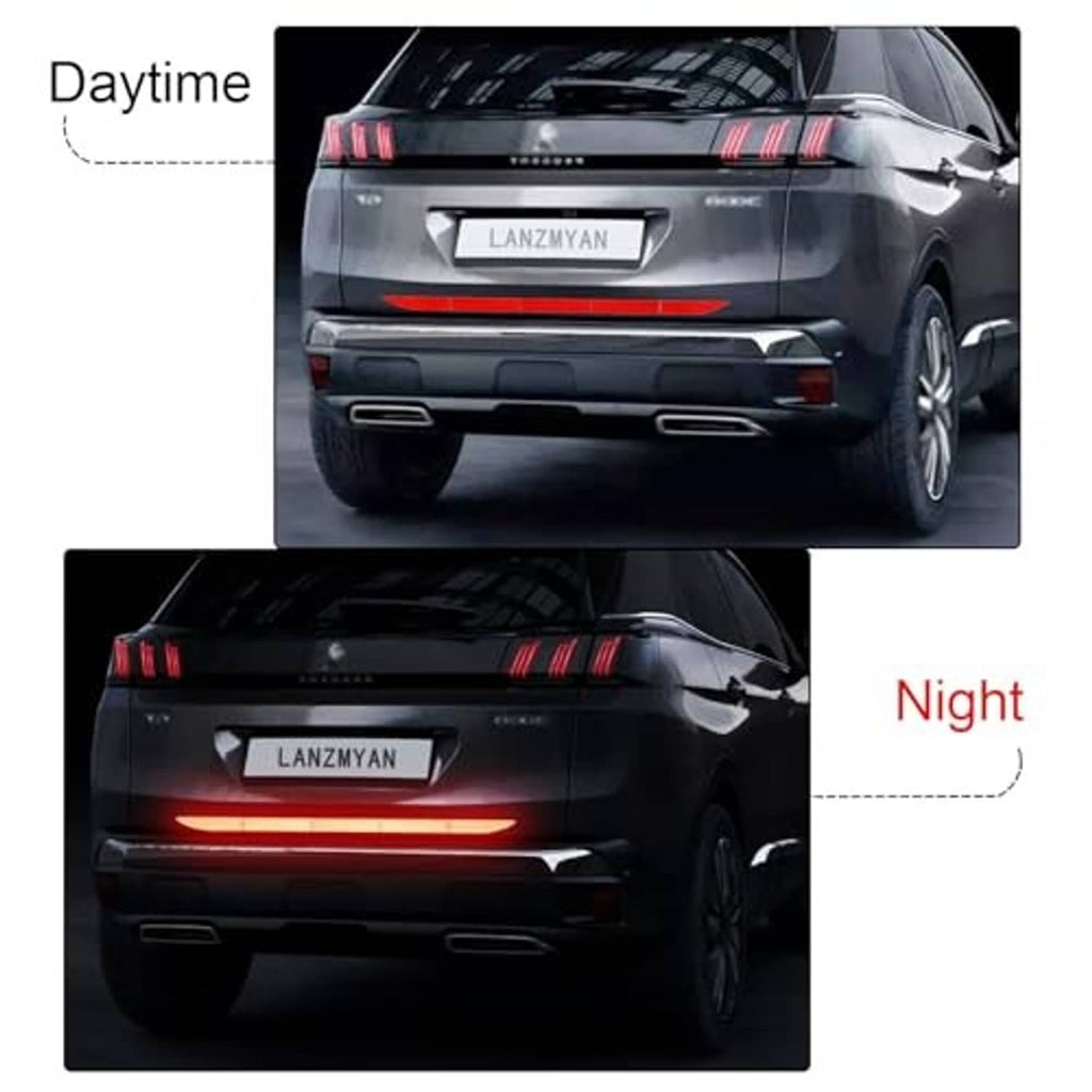 Red reflective bumper guard sticker shown on rear bumper in two lighting views