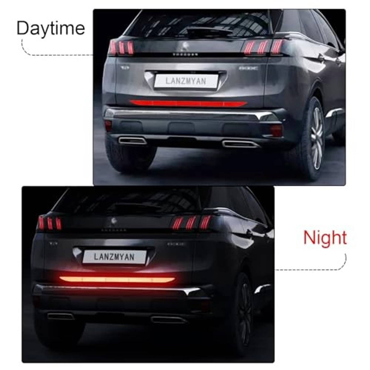 Red reflective bumper guard sticker shown on rear bumper in two lighting views