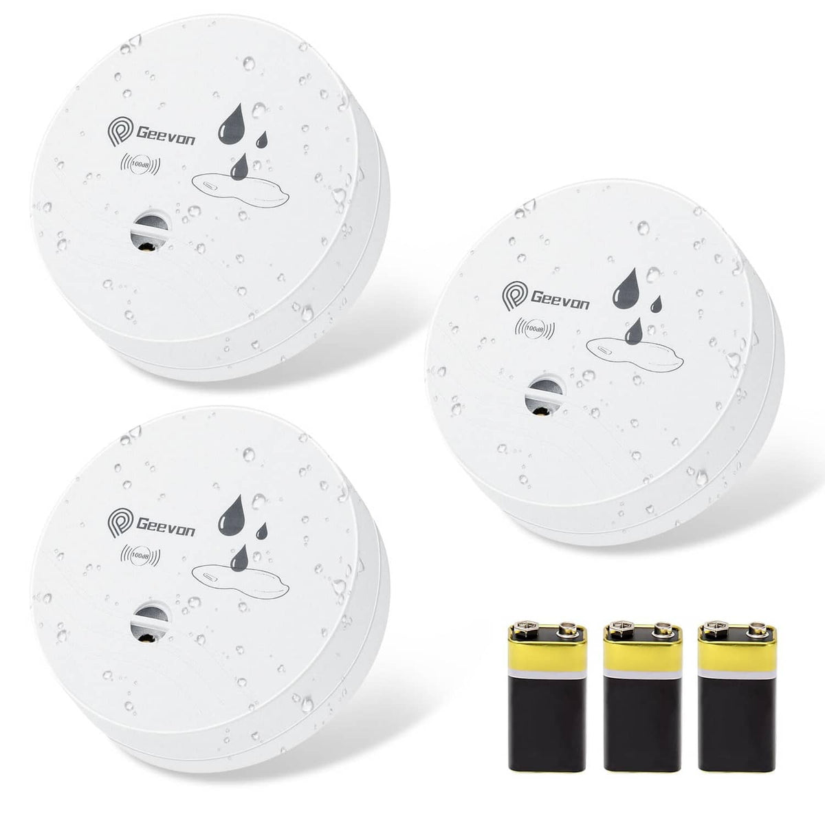 White circular water leak alarm with droplet icon and front sensor opening