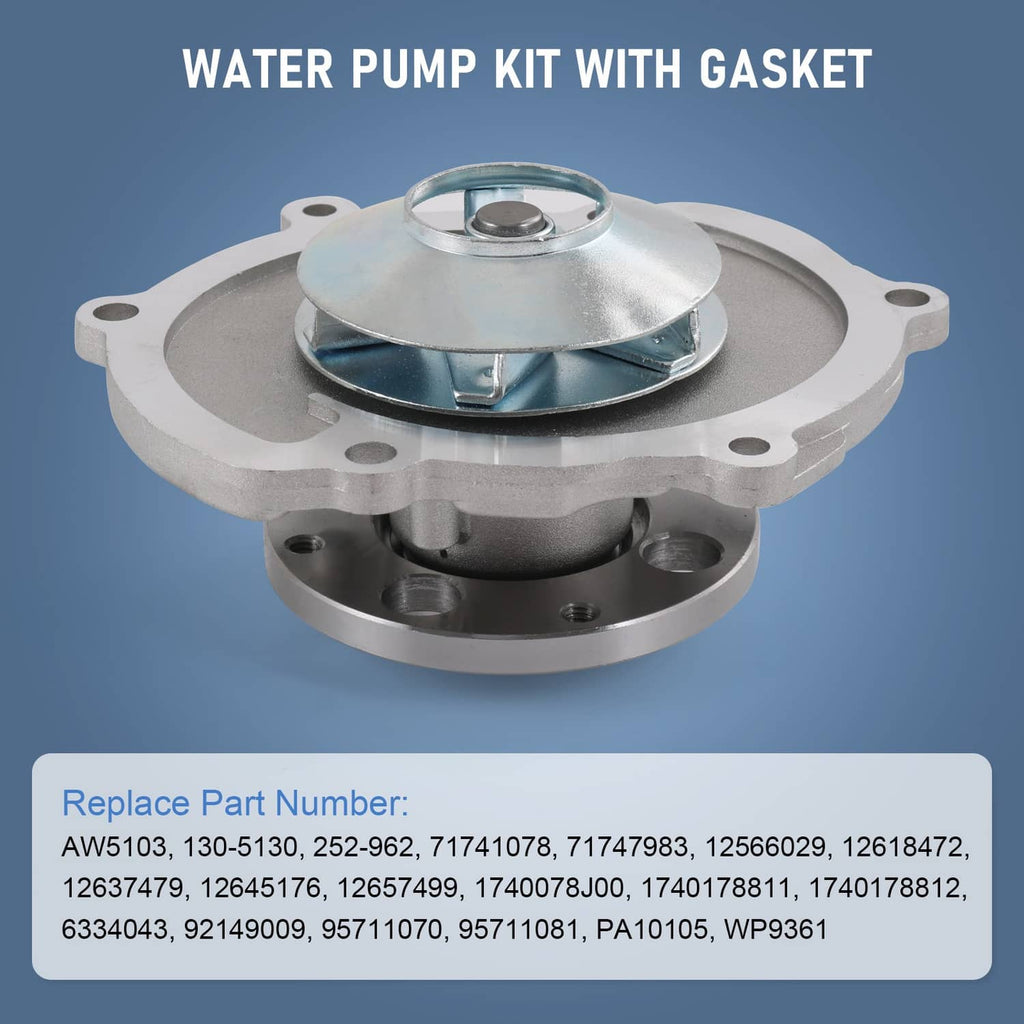 Water pump kit with gasket, silver metal pump housing and circular pulley-style top