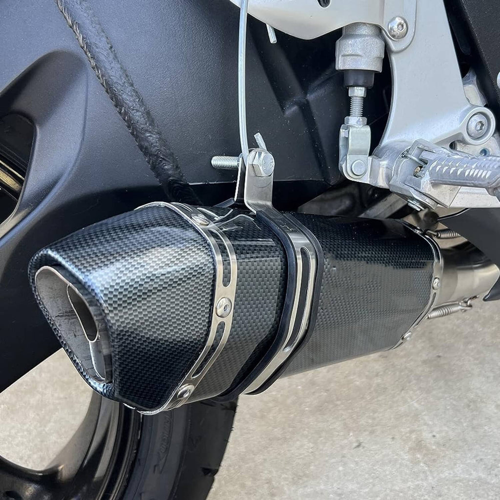 Carbon fiber motorcycle exhaust muffler with black inlet and metal mounting hardware