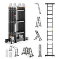 Folding 7-in-1 multi-purpose ladder with scaffolding plank, black aluminum, 3-step, 12ft