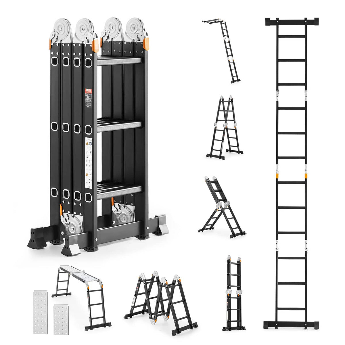 Folding 7-in-1 multi-purpose ladder with scaffolding plank, black aluminum, 3-step, 12ft