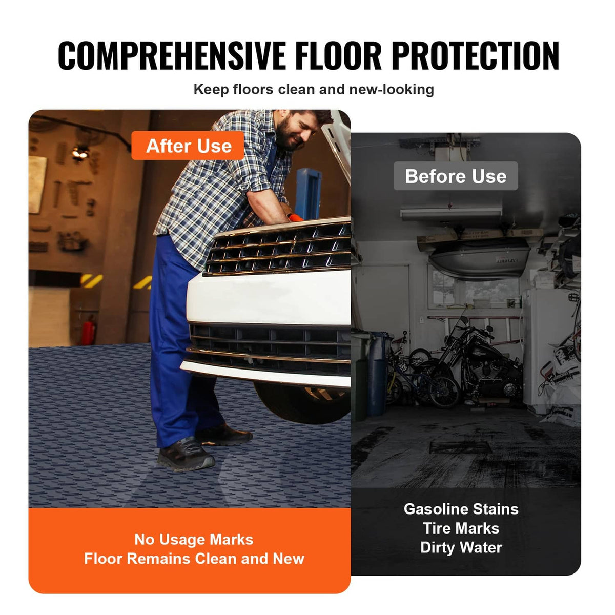 Interlocking garage floor tiles showing protective use vs stained dirty surface