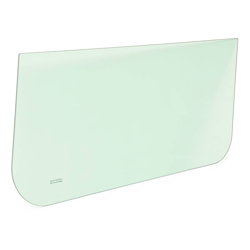 Tinted side glass window panel with rounded bottom edge, light green tint