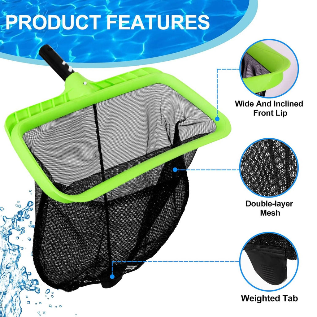 Green-rim pool leaf skimmer with double-layer mesh bag and weighted tab.