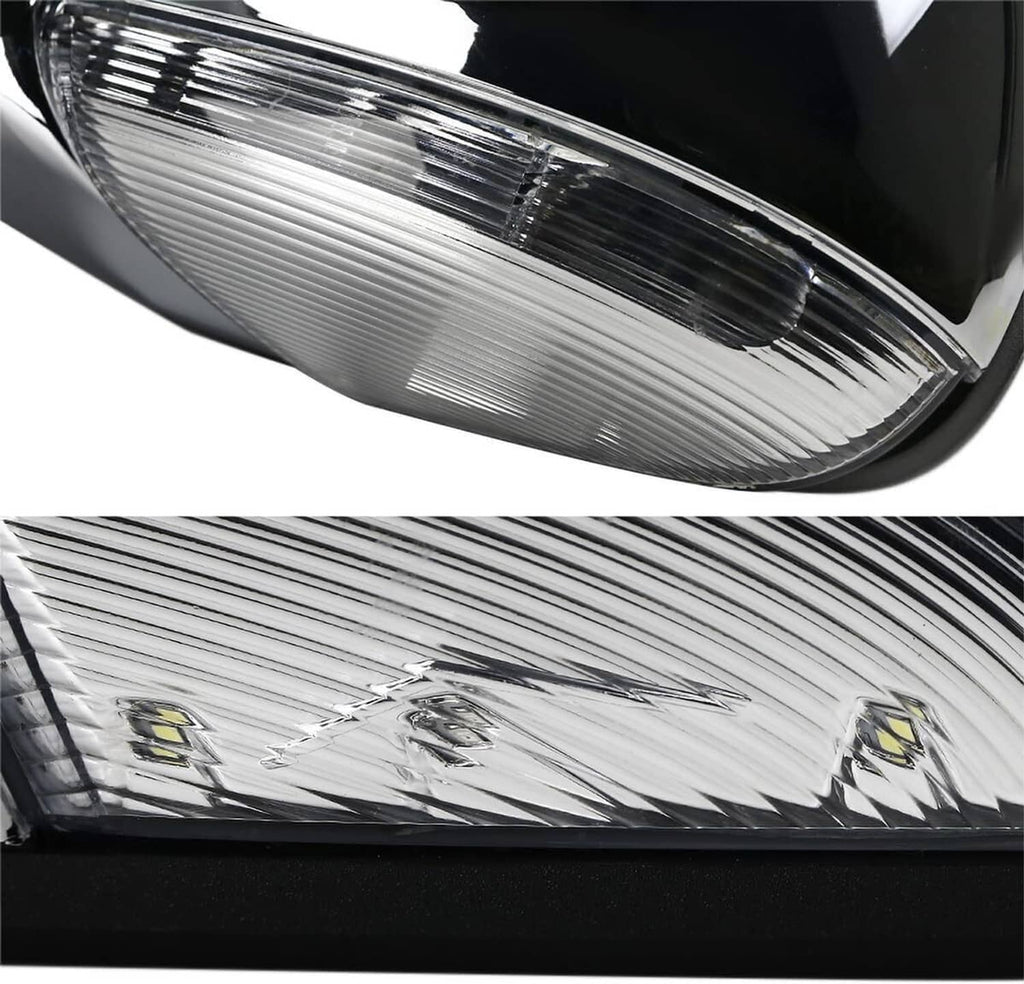 Close-up of mirror turn-signal light lens with clear cover on the left side mirror