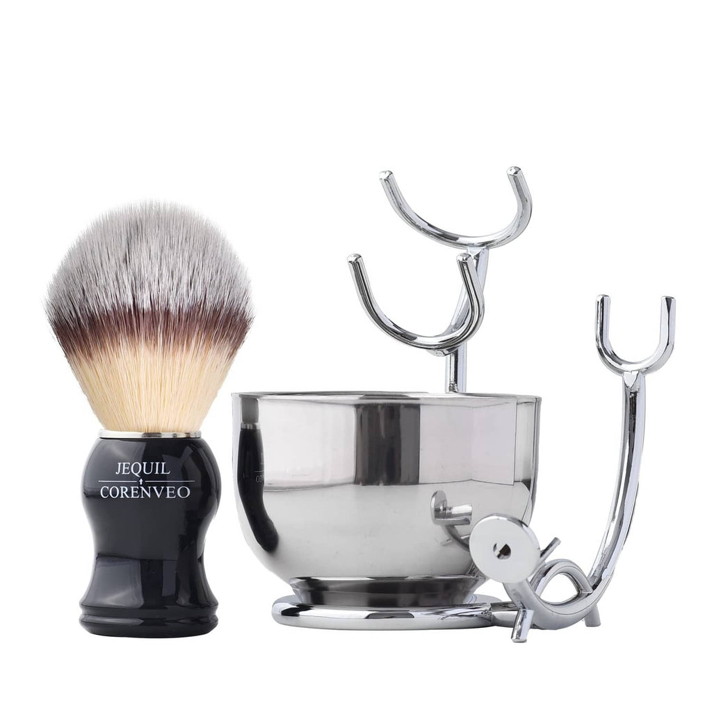 Men's shaving kit set with black-handled brush, silver bowl, and chrome holders