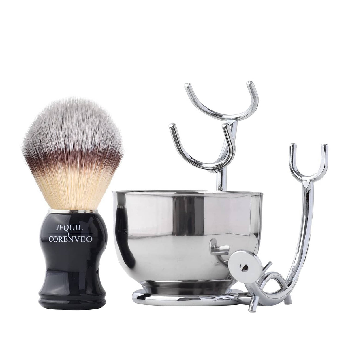 Men's shaving kit set with black-handled brush, silver bowl, and chrome holders
