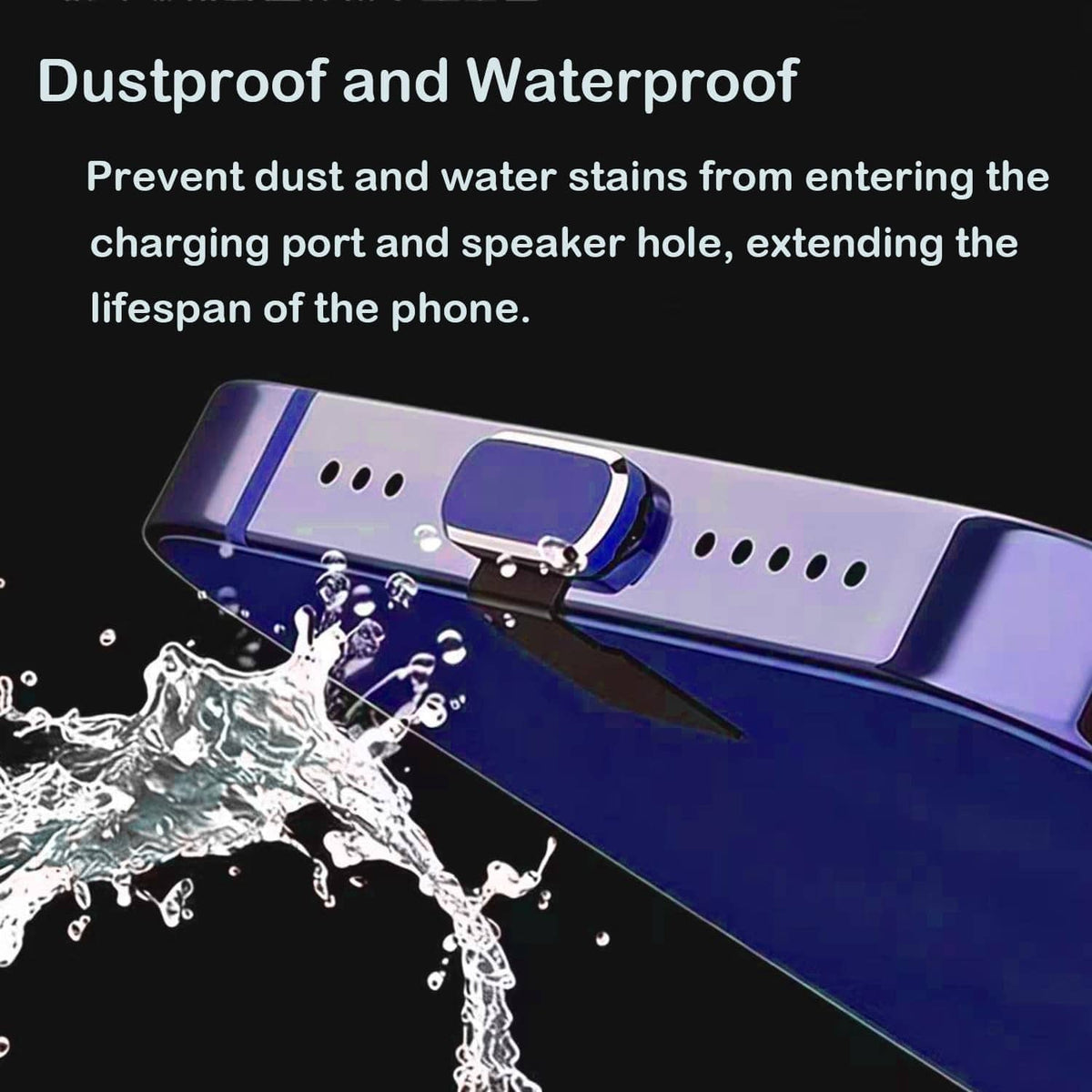 Metal dust plug covering charging port on dark blue phone