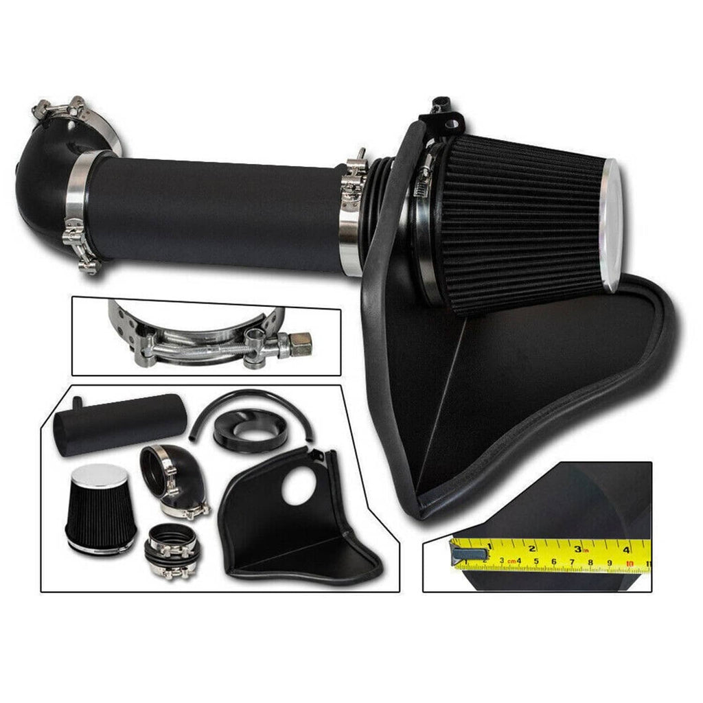 Cold air intake kit with cone filter, black intake tube, and heat shield assembly