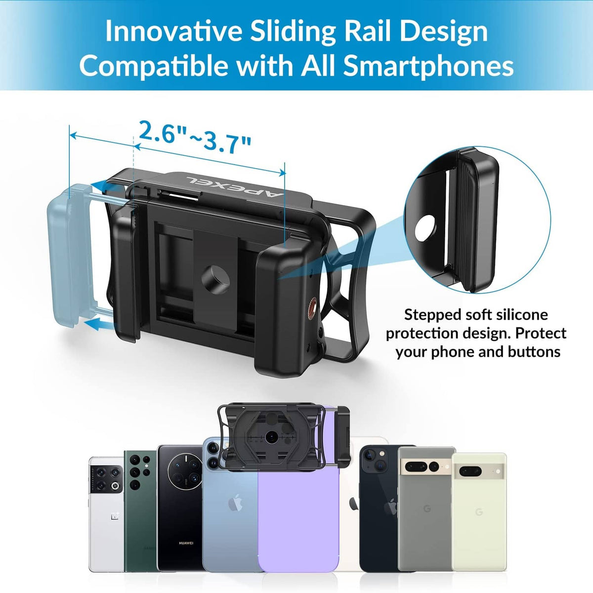 Black telescope phone adapter with stepped silicone phone protection holder