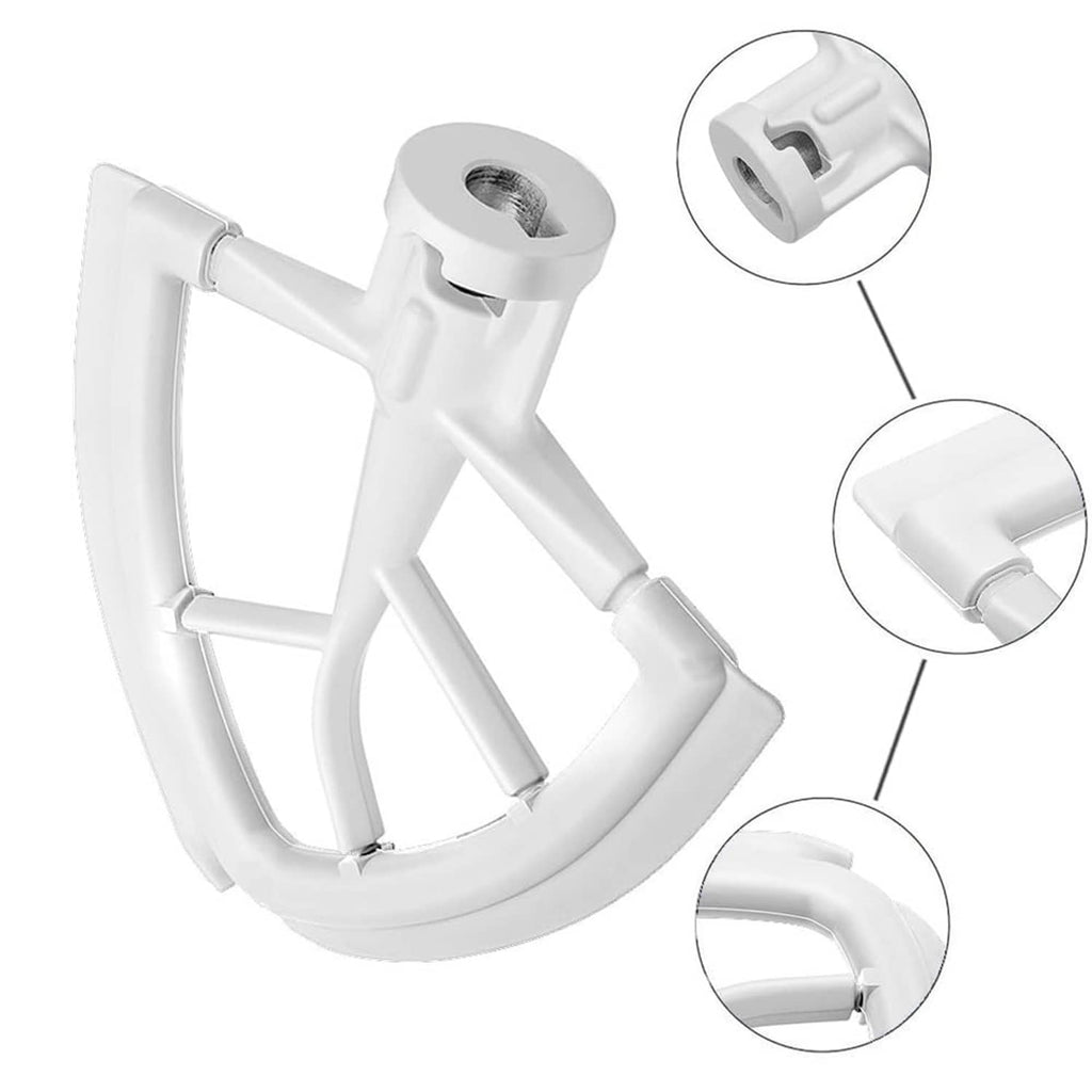 White flexible edge beater with mounting stem and curved wire mixing blades