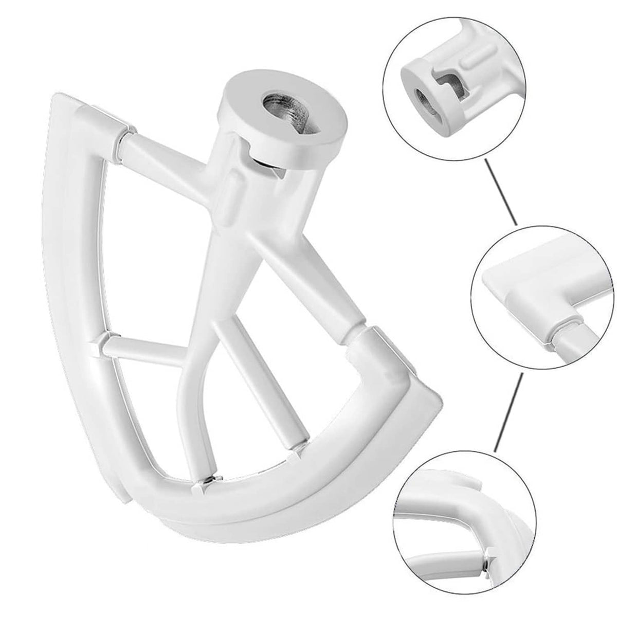 White flexible edge beater with mounting stem and curved wire mixing blades