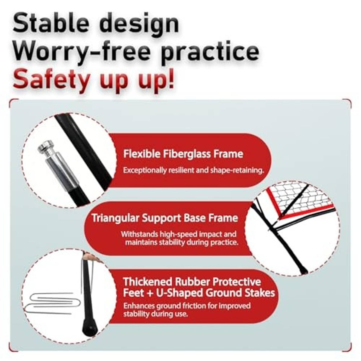Practice net stability design with flexible frame and protective rubber foot base stakes
