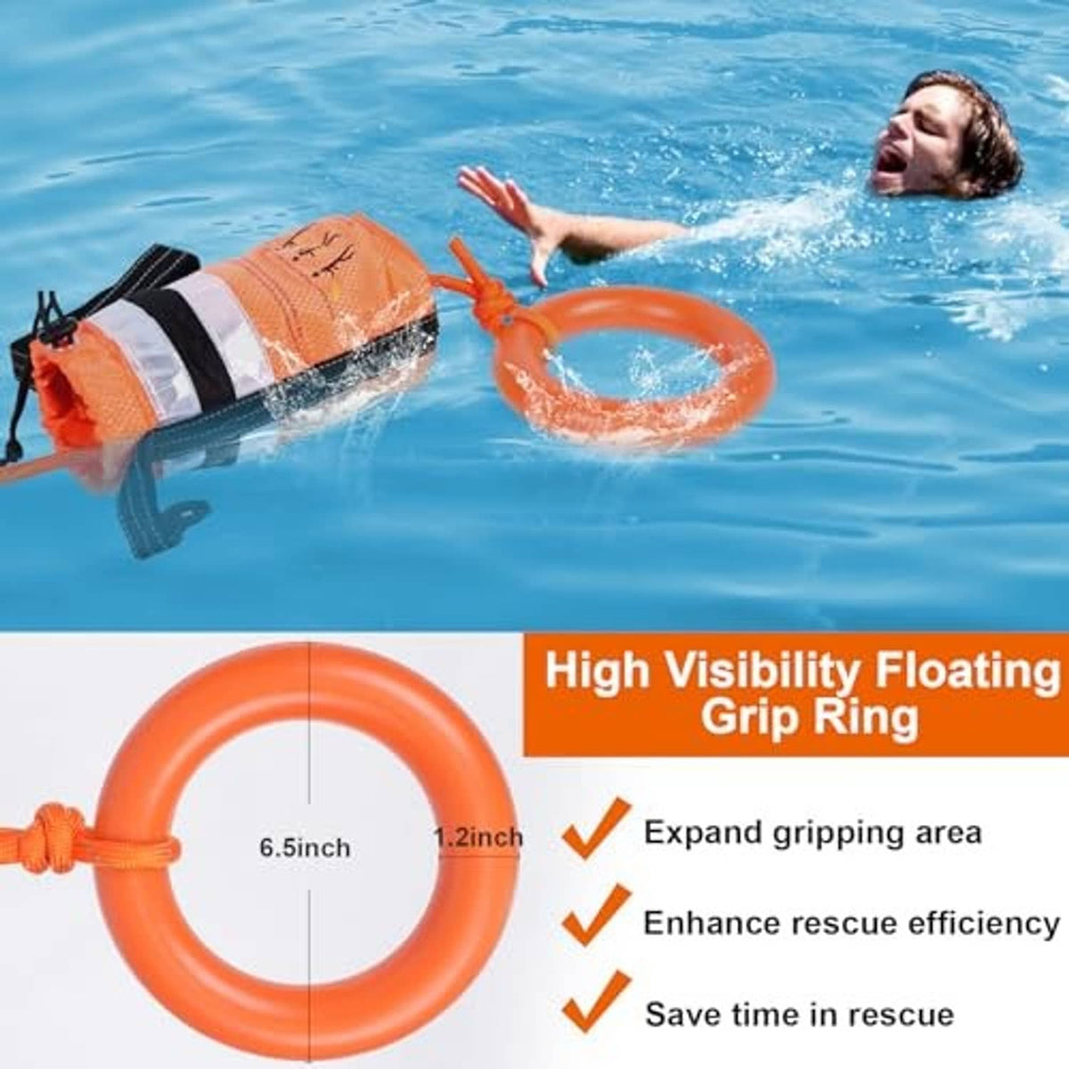 Orange water rescue throw bag floating in pool with internal foam and orange grip ring