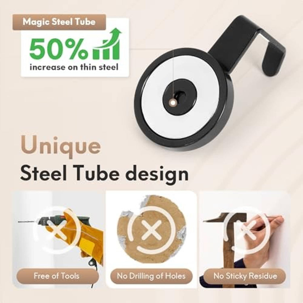 Black steel-tube magnetic hook with circular magnet base and curved hanging arm