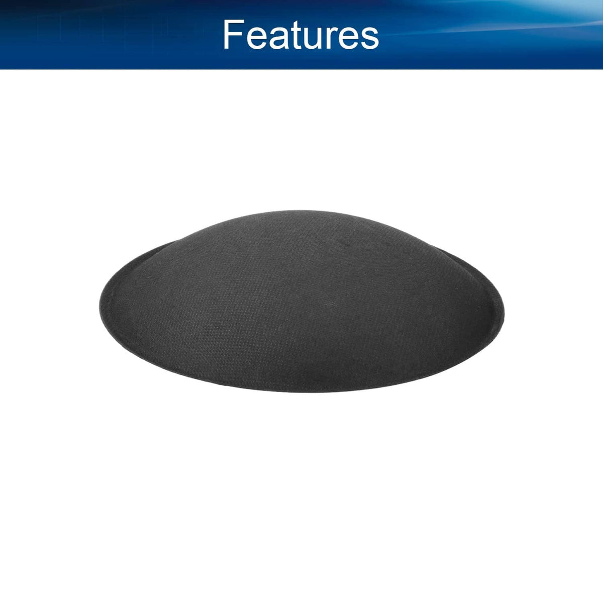 Black speaker dust cap dome with fine fabric texture, round flat disk