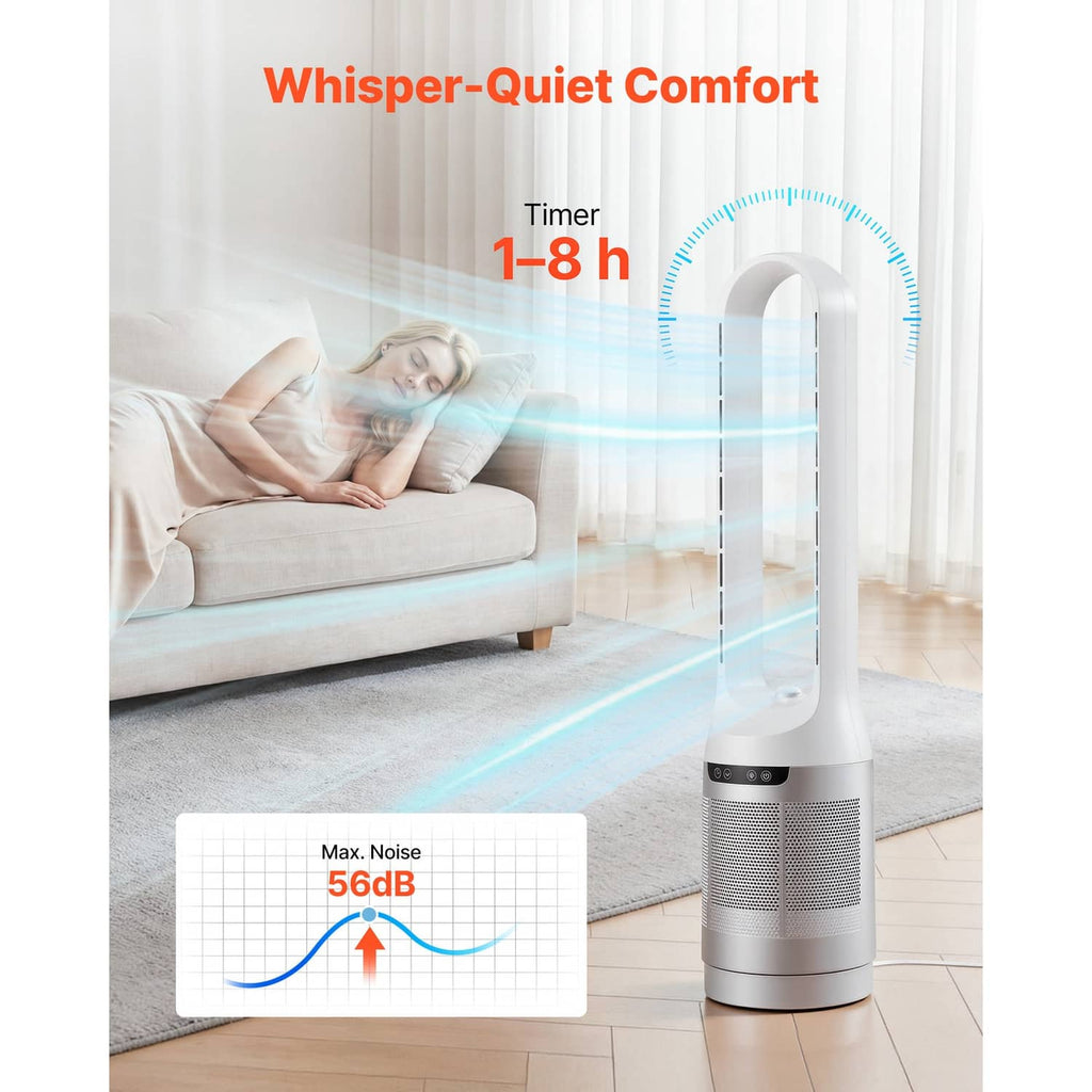 White bladeless tower fan with mesh intake and front control buttons