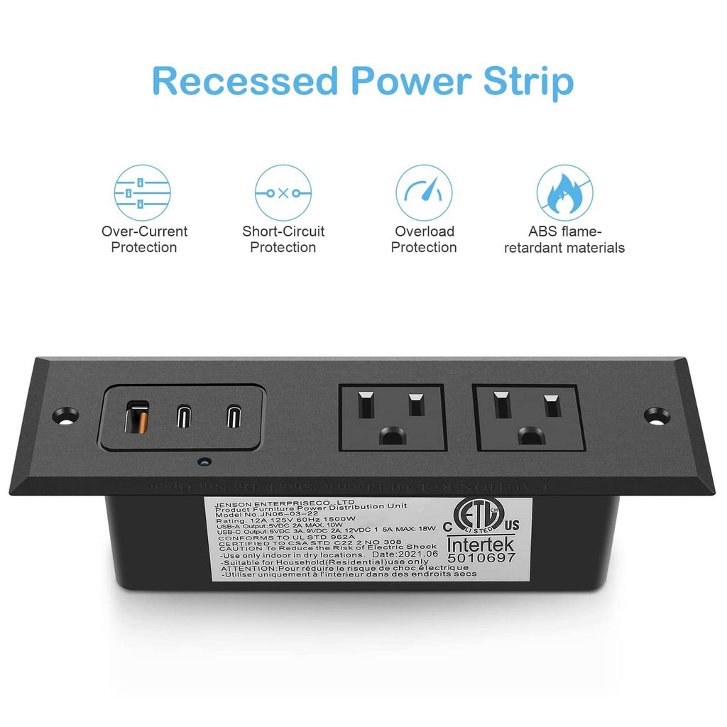 Recessed power strip with two AC outlets and four USB ports, black front panel